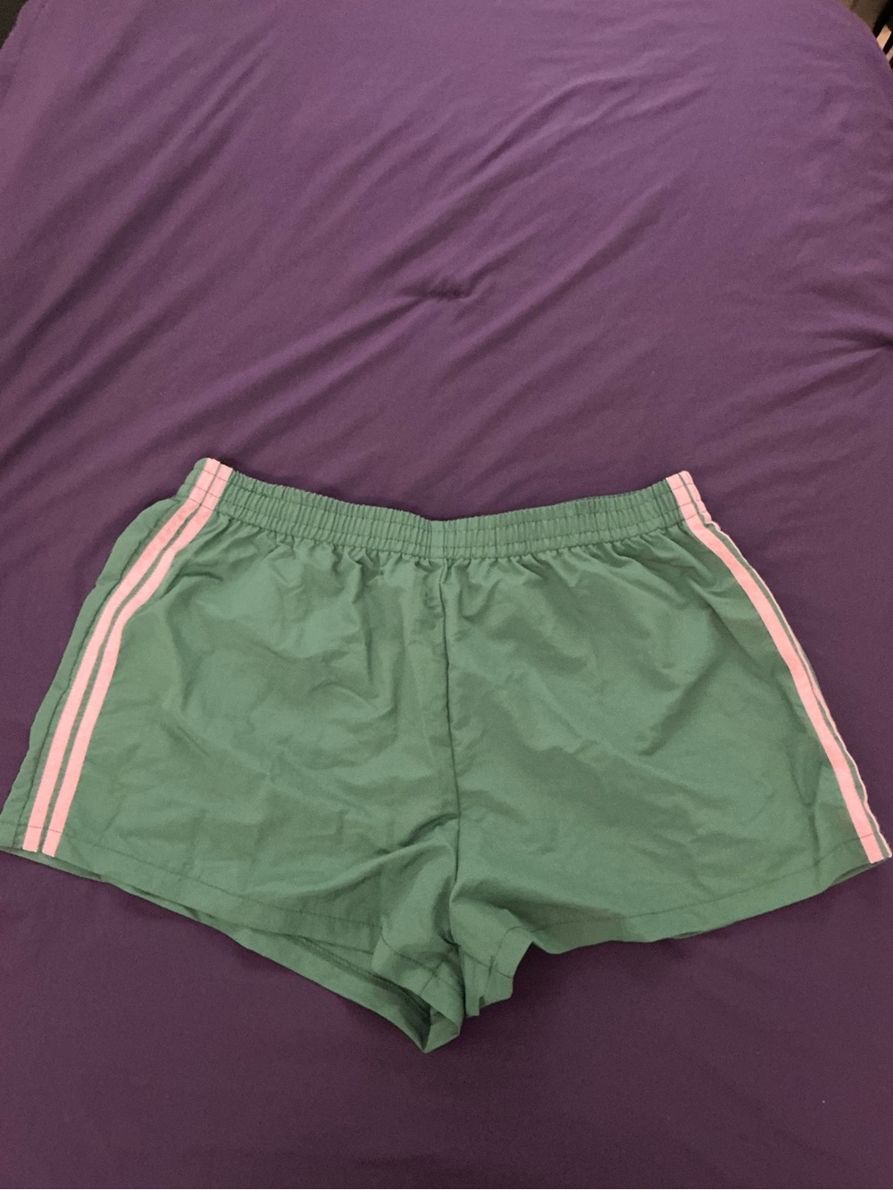 Women's Green Athletic Shorts with Pink Side Stripes